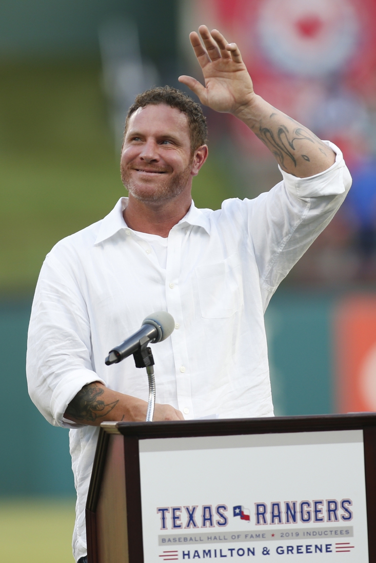 Aug 17, 2019; Arlington, TX, USA; Former Texas Rangers player Josh Hamilton waves to the crowd during his hall of fame induction ceremony before the game against the Minnesota Twins at Globe Life Park in Arlington. Mandatory Credit: Tim Heitman-USA TODAY Sports