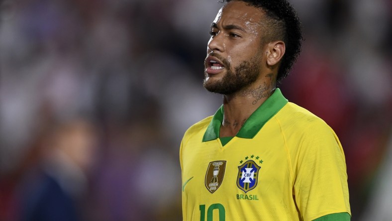 Sep 10, 2019; Los Angeles, CA, USA; Brazil forward Neymar (10) looks on after the South American Showdown soccer match against Peru at Los Angeles Coliseum. Mandatory Credit: Kelvin Kuo-USA TODAY Sports