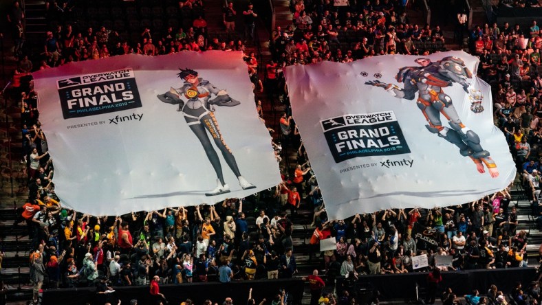 Sep 29, 2019; Philadelphia, PA, USA; Fans raise a tifo during the Overwatch League Grand Finals e-sports event at Wells Fargo Center. Mandatory Credit: Bill Streicher-USA TODAY Sports