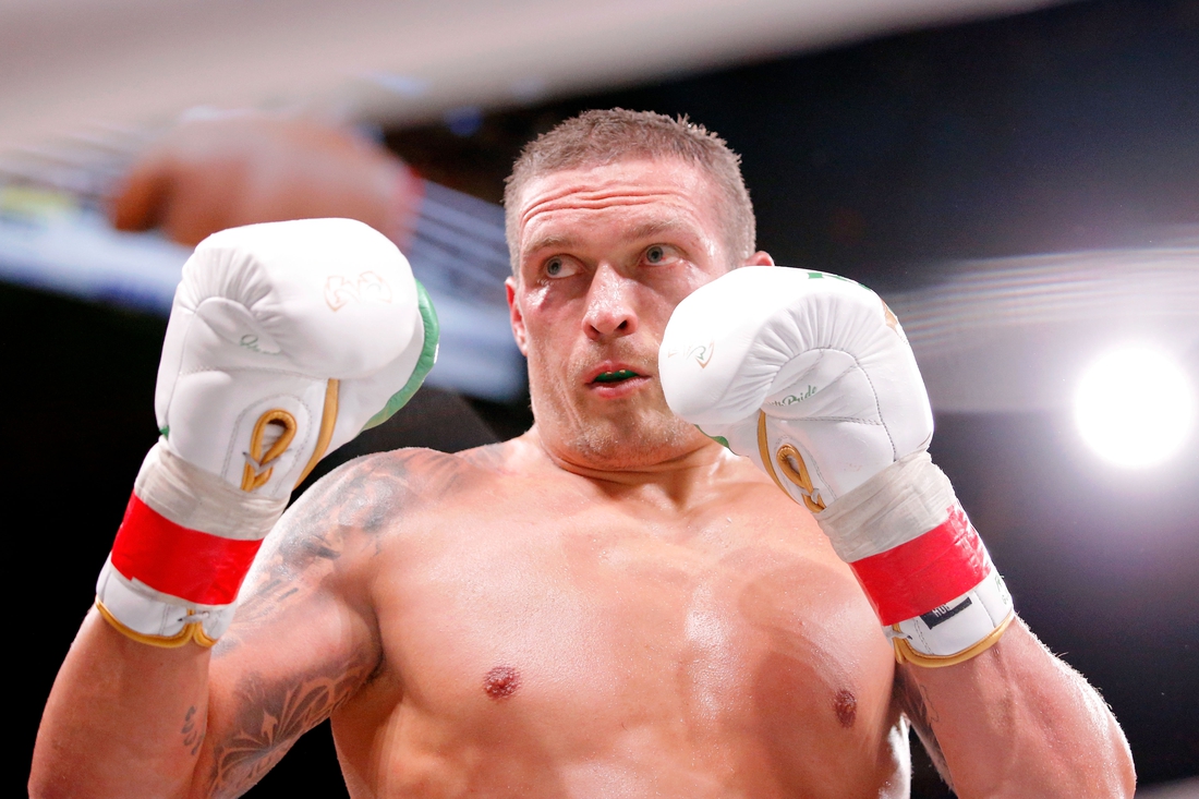 Oct 12, 2019; Chicago, IL, USA; Oleksandr Usyk (white trunks) during his match against Chazz Witherspoon (not pictured) during a heavyweight boxing match at Wintrust Arena. Mandatory Credit: Jon Durr-USA TODAY Sports