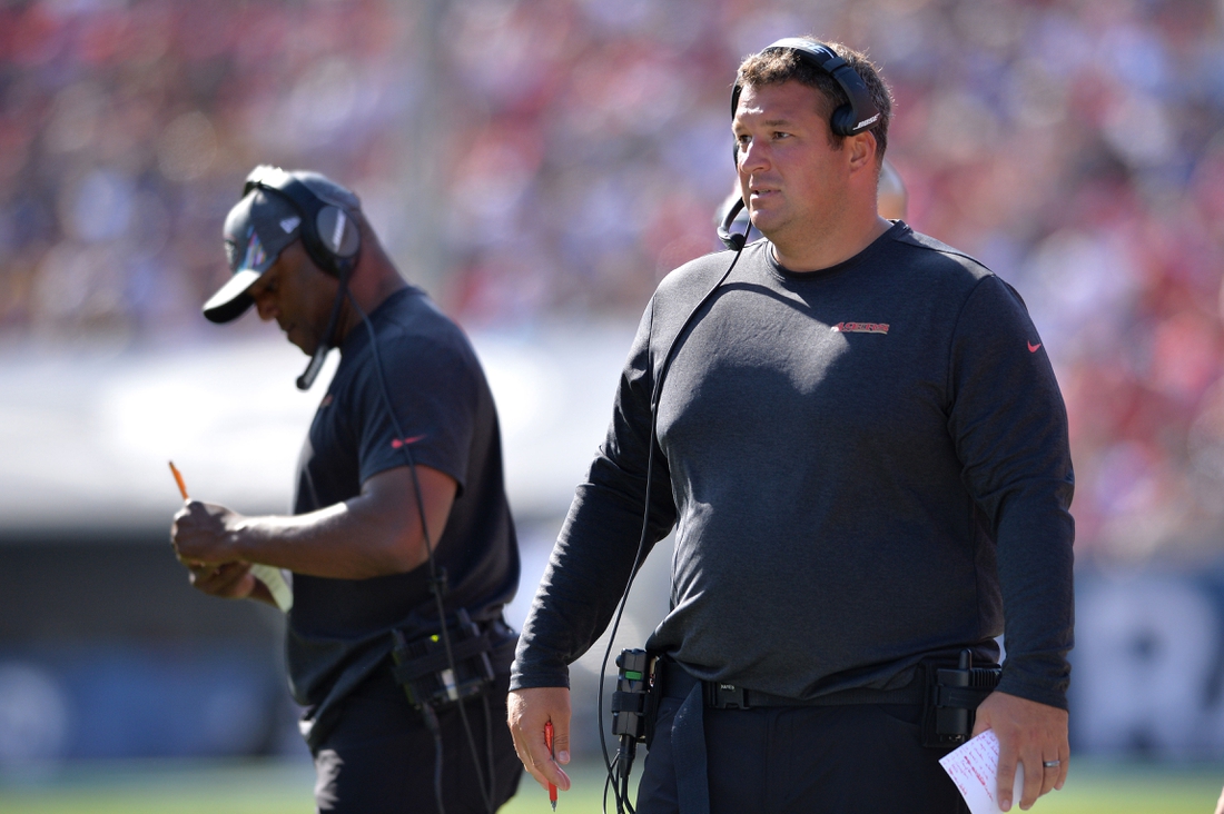 Oct 13, 2019; Los Angeles, CA, USA; San Francisco 49ers coach Chris Kiffin (right) looks on during the second half against the Los Angeles Rams at Los Angeles Memorial Coliseum. Mandatory Credit: Orlando Ramirez-USA TODAY Sports