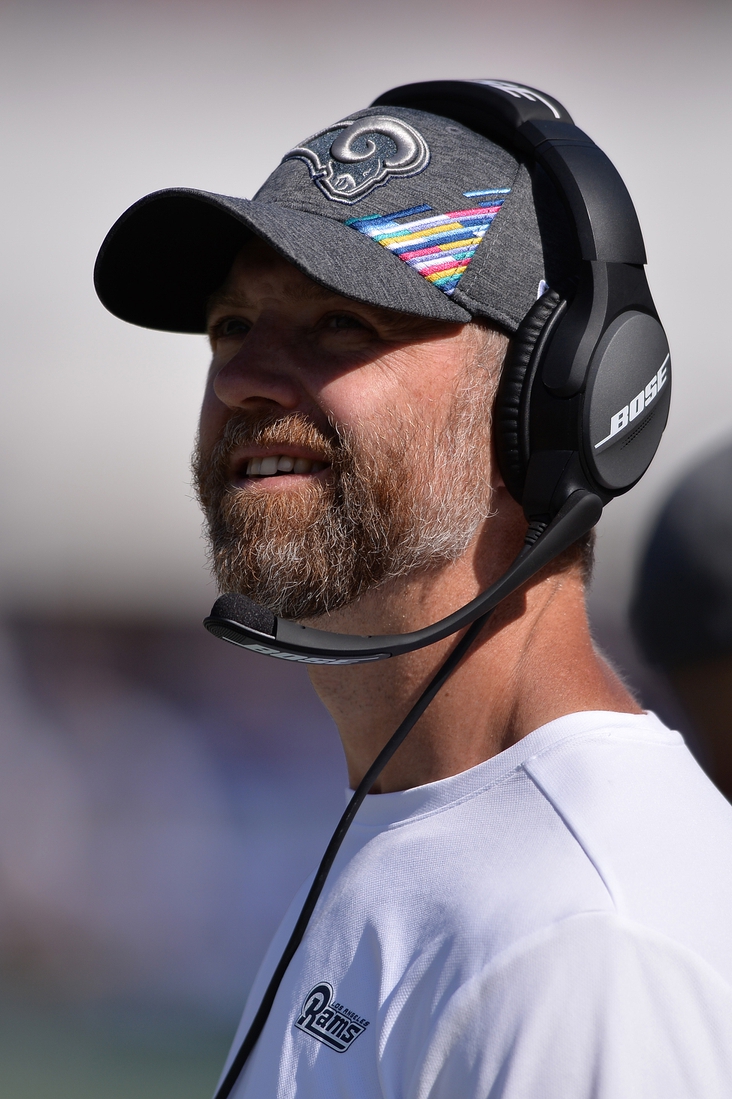 Oct 13, 2019; Los Angeles, CA, USA; Los Angeles Rams tight ends coach Wes Phillips looks on during the first half against the San Francisco 49ers at Los Angeles Memorial Coliseum. Mandatory Credit: Orlando Ramirez-USA TODAY Sports