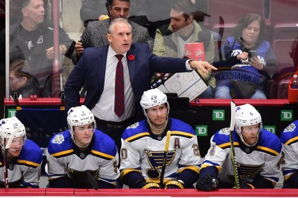 Nov 5, 2019; Vancouver, British Columbia, CAN; St. Louis Blues head coach Craig Berube reacts during the second period agaisnt the Vancouver Canucks at Rogers Arena. Mandatory Credit: Anne-Marie Sorvin-USA TODAY Sports