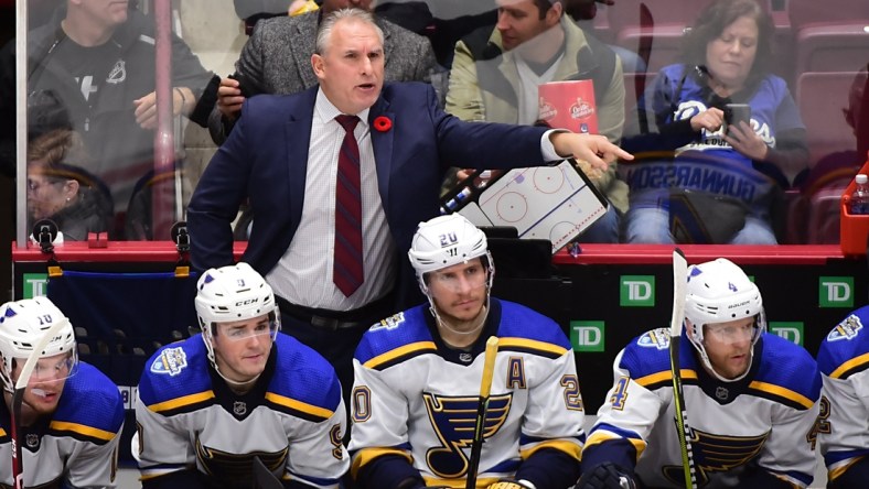 Nov 5, 2019; Vancouver, British Columbia, CAN; St. Louis Blues head coach Craig Berube reacts during the second period agaisnt the Vancouver Canucks at Rogers Arena. Mandatory Credit: Anne-Marie Sorvin-USA TODAY Sports