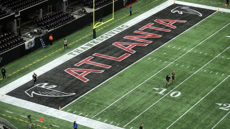 Nov 28, 2019; Atlanta, GA, USA; The Atlanta Falcons logo is shown in an end zone before the game between the New Orleans Saints and the Atlanta Falcons at Mercedes-Benz Stadium. Mandatory Credit: Jason Getz-USA TODAY Sports