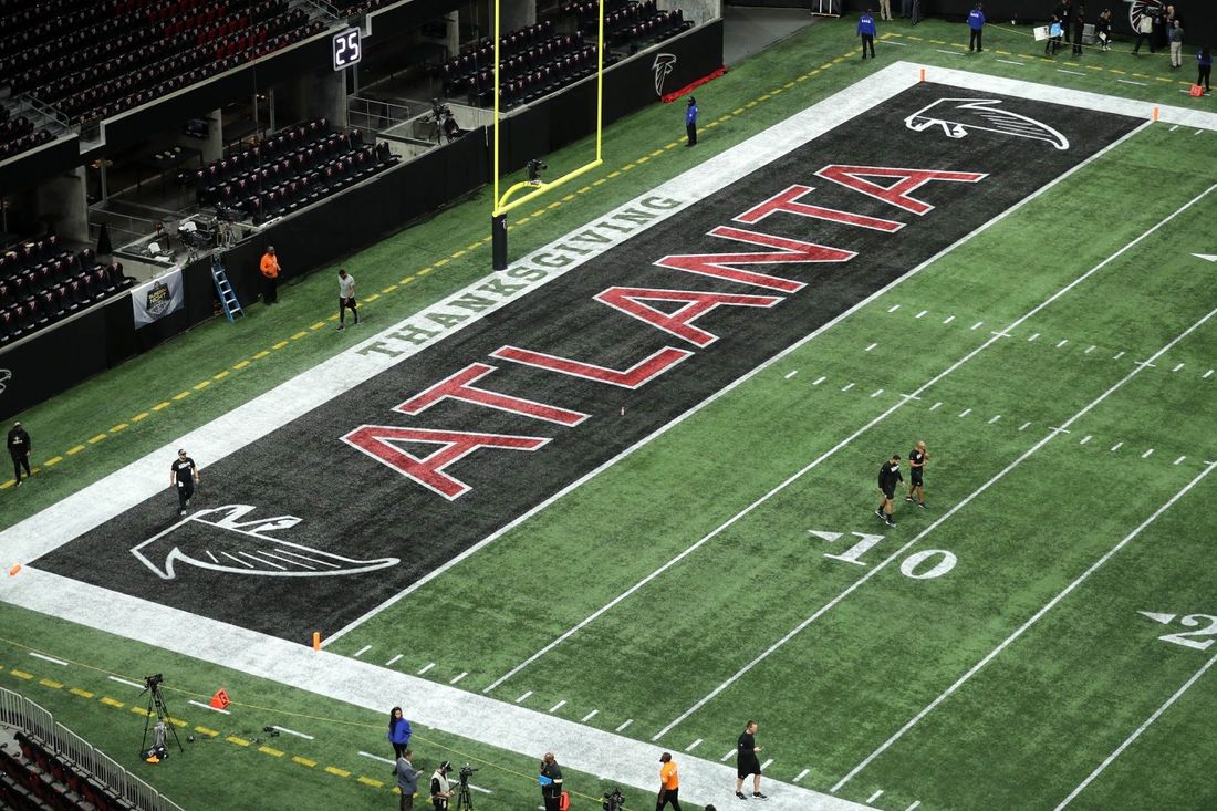 Nov 28, 2019; Atlanta, GA, USA; The Atlanta Falcons logo is shown in an end zone before the game between the New Orleans Saints and the Atlanta Falcons at Mercedes-Benz Stadium. Mandatory Credit: Jason Getz-USA TODAY Sports
