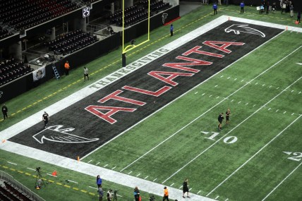 Nov 28, 2019; Atlanta, GA, USA; The Atlanta Falcons logo is shown in an end zone before the game between the New Orleans Saints and the Atlanta Falcons at Mercedes-Benz Stadium. Mandatory Credit: Jason Getz-USA TODAY Sports