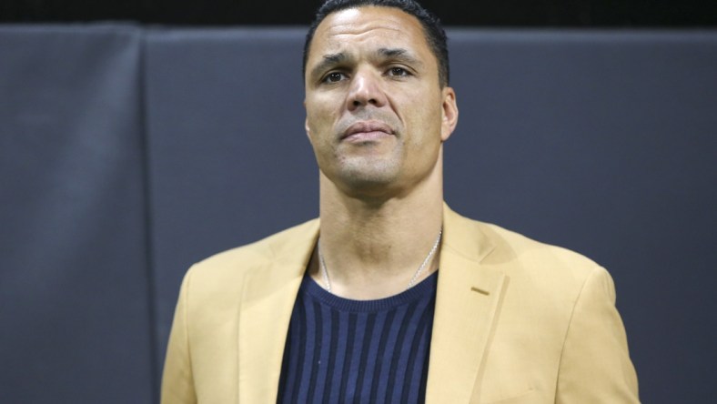 Nov 28, 2019; Atlanta, GA, USA; Atlanta Falcons former tight end Tony Gonzalez on the sideline against the New Orleans Saints in the first half at Mercedes-Benz Stadium. Mandatory Credit: Brett Davis-USA TODAY Sports