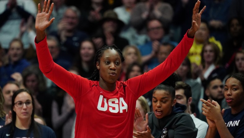 Jan 27, 2020; Hartford, Connecticut, USA; Former UConn Huskies player and 2020 USA Womens National Team center Tina Charles (14) is honored before the game against the UConn Huskies and 2020 USA Womens National Team at XL Center. Mandatory Credit: David Butler II-USA TODAY Sports