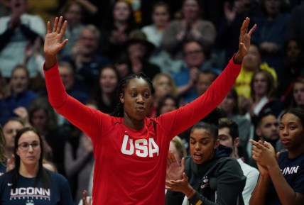 Jan 27, 2020; Hartford, Connecticut, USA; Former UConn Huskies player and 2020 USA Womens National Team center Tina Charles (14) is honored before the game against the UConn Huskies and 2020 USA Womens National Team at XL Center. Mandatory Credit: David Butler II-USA TODAY Sports