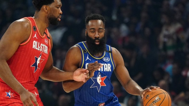 (File Photo) James Harden drives against Joel Embiid of the Philadelphia 76ers in the first quarter during the 2020 NBA All Star Game at United Center. Mandatory Credit: Kyle Terada-USA TODAY Sports