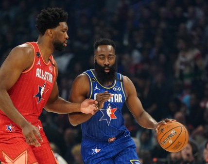 (File Photo) James Harden drives against Joel Embiid of the Philadelphia 76ers in the first quarter during the 2020 NBA All Star Game at United Center. Mandatory Credit: Kyle Terada-USA TODAY Sports