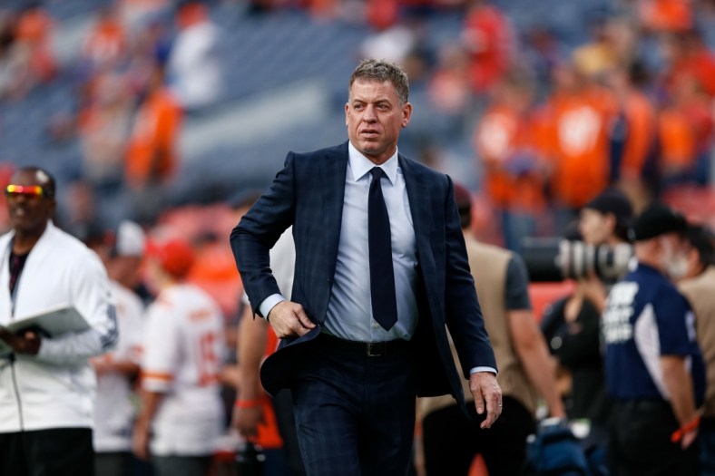 Oct 17, 2019; Denver, CO, USA; FOX Sports broadcaster Troy Aikman before the game between the Denver Broncos and the Kansas City Chiefs at Empower Field at Mile High. Mandatory Credit: Isaiah J. Downing-USA TODAY Sports
