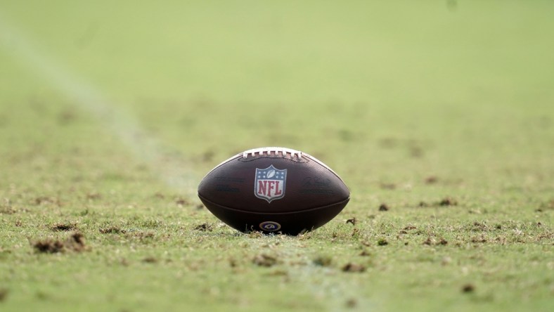 Aug 18, 2020; Thousand Oaks California, USA; A general view of a NFL official Wilson Duke football with metallic shield lgoo introduced for the 2020 season at Los Angeles Rams training camp at Cal Lutheran University. Mandatory Credit: Kirby Lee-USA TODAY Sports