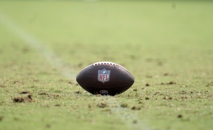 Aug 18, 2020; Thousand Oaks California, USA; A general view of a NFL official Wilson Duke football with metallic shield lgoo introduced for the 2020 season at Los Angeles Rams training camp at Cal Lutheran University. Mandatory Credit: Kirby Lee-USA TODAY Sports