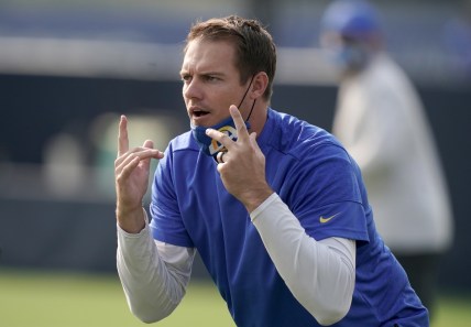 Aug 21, 2020; Thousand Oaks, CA, USA; Los Angeles Rams offensive coordinator Kevin O'Connell during training camp at Cal Lutheran University. Mandatory Credit: Kirby Lee-USA TODAY Sports