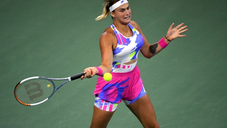 Sep 3, 2020; Flushing Meadows, New York, USA; Aryna Sabalenka of Belarus hits the ball against Victoria Azarenka of Belarus on day four of the 2020 U.S. Open tennis tournament at USTA Billie Jean King National Tennis Center. Mandatory Credit: Robert Deutsch-USA TODAY Sports