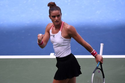 Sep 7, 2020; Flushing Meadows, New York, USA; Maria Sakkari of Greece reacts after winning a point against Serena Williams of the United States (not pictured) on day eight of the 2020 U.S. Open tennis tournament at USTA Billie Jean King National Tennis Center. (Mandatory Credit: Danielle Parhizkaran-USA TODAY Sports