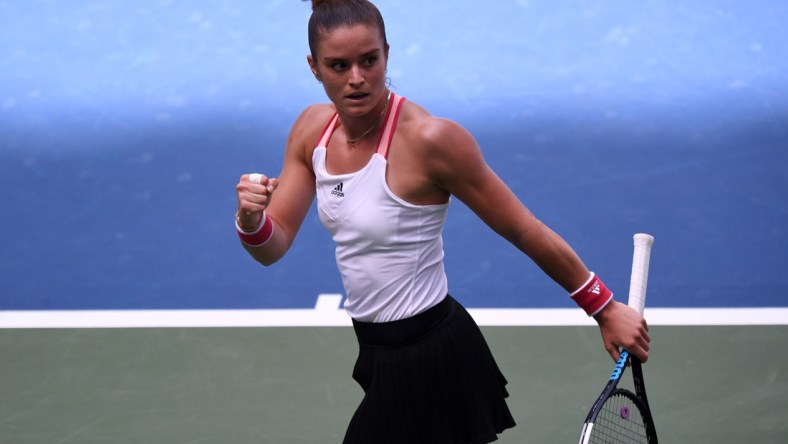 Sep 7, 2020; Flushing Meadows, New York, USA; Maria Sakkari of Greece reacts after winning a point against Serena Williams of the United States (not pictured) on day eight of the 2020 U.S. Open tennis tournament at USTA Billie Jean King National Tennis Center. (Mandatory Credit: Danielle Parhizkaran-USA TODAY Sports