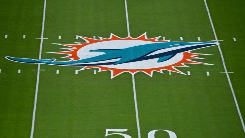 Sep 20, 2020; Miami Gardens, Florida, USA; A general view of the Miami Dolphins logo painted on the field at Hard Rock Stadium prior to the game between the Miami Dolphins and the Buffalo Bills. Mandatory Credit: Jasen Vinlove-USA TODAY Sports