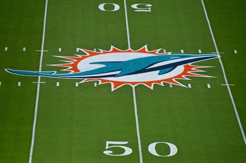 Sep 20, 2020; Miami Gardens, Florida, USA; A general view of the Miami Dolphins logo painted on the field at Hard Rock Stadium prior to the game between the Miami Dolphins and the Buffalo Bills. Mandatory Credit: Jasen Vinlove-USA TODAY Sports