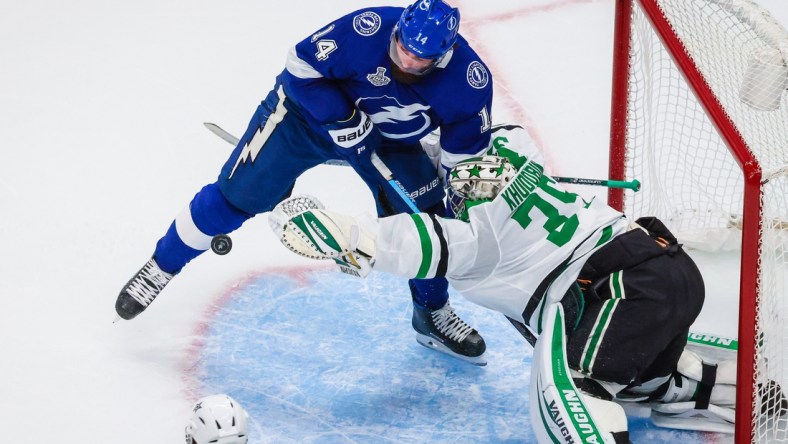 Sep 21, 2020; Edmonton, Alberta, CAN; Dallas Stars goaltender Anton Khudobin (35) makes a save as Tampa Bay Lightning left wing Patrick Maroon (14) tries to score during the second period in game two of the 2020 Stanley Cup Final at Rogers Place. Mandatory Credit: Sergei Belski-USA TODAY Sports