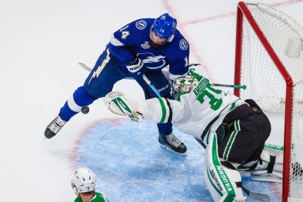 Sep 21, 2020; Edmonton, Alberta, CAN; Dallas Stars goaltender Anton Khudobin (35) makes a save as Tampa Bay Lightning left wing Patrick Maroon (14) tries to score during the second period in game two of the 2020 Stanley Cup Final at Rogers Place. Mandatory Credit: Sergei Belski-USA TODAY Sports