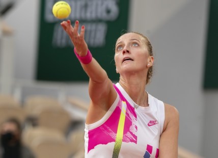 Oct 8, 2020; Paris, France; Petra Kvitova (CZE) in action during her match against Sofia Kenin (USA) on day 12 at Stade Roland Garros. Mandatory Credit: Susan Mullane-USA TODAY Sports