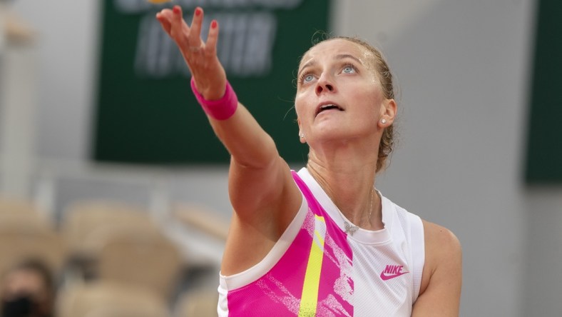 Oct 8, 2020; Paris, France; Petra Kvitova (CZE) in action during her match against Sofia Kenin (USA) on day 12 at Stade Roland Garros. Mandatory Credit: Susan Mullane-USA TODAY Sports