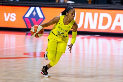 Oct 2, 2020; Bradenton, Florida, USA; Seattle Storm guard Jordin Canada (21) drives during game 1 of the WNBA finals against the Las Vegas Aces at IMG Academy. Mandatory Credit: Mary Holt-USA TODAY Sports