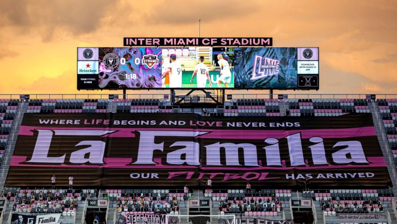 Oct 10, 2020; Fort Lauderdale, Florida, USA; A general view of a banner in the supporters section during an Inter Miami game against Houston Dynamo at Inter Miami CF Stadium. Mandatory Credit: Sam Navarro-USA TODAY Sports