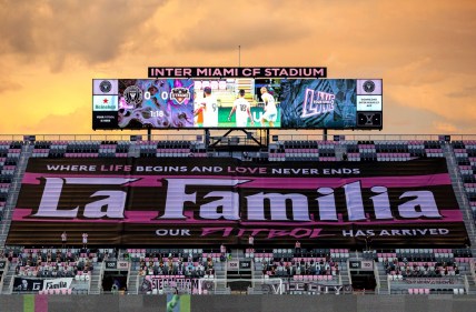 Oct 10, 2020; Fort Lauderdale, Florida, USA; A general view of a banner in the supporters section during an Inter Miami game against Houston Dynamo at Inter Miami CF Stadium. Mandatory Credit: Sam Navarro-USA TODAY Sports