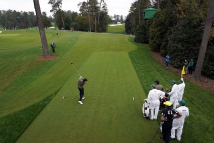 Nov 14, 2020; Augusta, Georgia, USA; Paul Casey plays his shot from the 18th tee during continuation of the second round of The Masters golf tournament at Augusta National GC. Mandatory Credit: Rob Schumacher-USA TODAY Sports