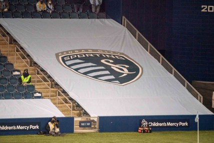 Dec 3, 2020; Kansas City, Kansas, USA; A general view of the Sporting Kansas City logo blocking a seating section during the game against Minnesota United at Children's Mercy Park. Mandatory Credit: Denny Medley-USA TODAY Sports