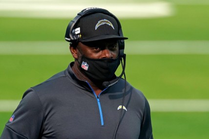 Dec 27, 2020; Inglewood, California, USA; Los Angeles Chargers head coach Anthony Lynn looks on during the first half against the Denver Broncos at SoFi Stadium. Mandatory Credit: Kirby Lee-USA TODAY Sports
