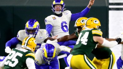 Jan 16, 2021; Green Bay, Wisconsin, USA; Los Angeles Rams punter Johnny Hekker (6) against Green Bay Packers during the NFC Divisional Round at Lambeau Field. Mandatory Credit: Mark J. Rebilas-USA TODAY Sports