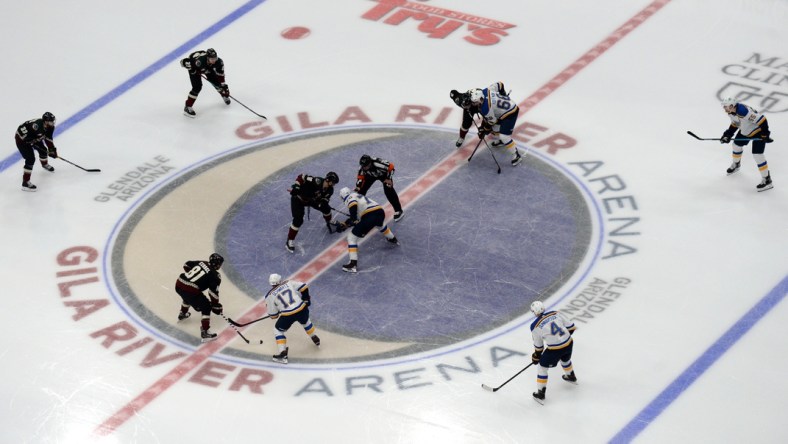 Feb 12, 2021; Glendale, Arizona, USA; A general view of a face off during the third period of the game between the Arizona Coyotes and the St. Louis Blues at Gila River Arena. Mandatory Credit: Joe Camporeale-USA TODAY Sports