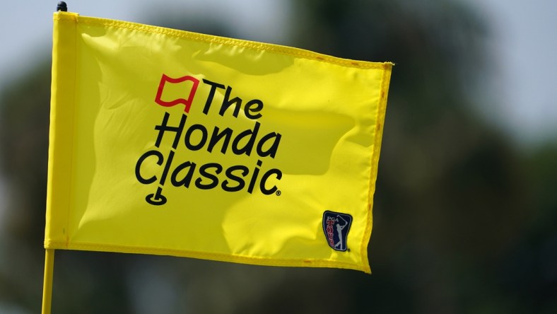 Mar 18, 2021; Palm Beach Gardens, Florida, USA; A general view of the pin flag on the 18th green during the first round of The Honda Classic golf tournament at PGA National (Champion). Mandatory Credit: Jasen Vinlove-USA TODAY Sports