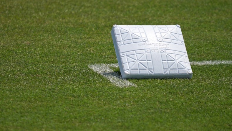 Mar 24, 2021; Jupiter, Florida, USA; A detailed view of a base on the field prior to the spring training game between the St. Louis Cardinals and the New York Mets at Roger Dean Chevrolet Stadium. Mandatory Credit: Jasen Vinlove-USA TODAY Sports