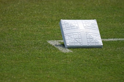 Mar 24, 2021; Jupiter, Florida, USA; A detailed view of a base on the field prior to the spring training game between the St. Louis Cardinals and the New York Mets at Roger Dean Chevrolet Stadium. Mandatory Credit: Jasen Vinlove-USA TODAY Sports