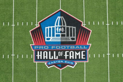 Apr 28, 2021; Canton, Ohio, USA; A detailed view of the Pro Football Hall of Fame logo at midfield of Tom Benson Hall of Fame Stadium (formerly Fawcett Stadium). Mandatory Credit: Kirby Lee-USA TODAY Sports