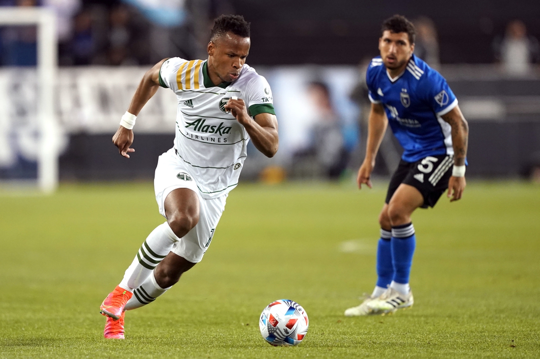 May 15, 2021; San Jose, California, USA; Portland Timbers forward Andy Polo (7) dribbles during the second half against the San Jose Earthquakes at PayPal Park. Mandatory Credit: Darren Yamashita-USA TODAY Sports