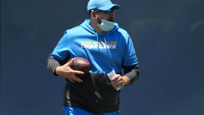 May 24, 2021; Costa Mesa, CA, USA; Los Angeles Chargers run game coordinator coach Frank Smith during organized team activities at Hoag Performance Center. Mandatory Credit: Kirby Lee-USA TODAY Sports