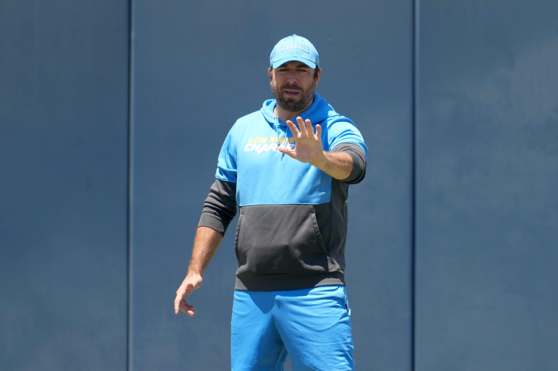 May 24, 2021; Costa Mesa, CA, USA; Los Angeles Chargers run game coordinator coach Frank Smith during organized team activities at Hoag Performance Center. Mandatory Credit: Kirby Lee-USA TODAY Sports