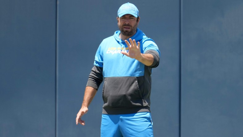 May 24, 2021; Costa Mesa, CA, USA; Los Angeles Chargers run game coordinator coach Frank Smith during organized team activities at Hoag Performance Center. Mandatory Credit: Kirby Lee-USA TODAY Sports