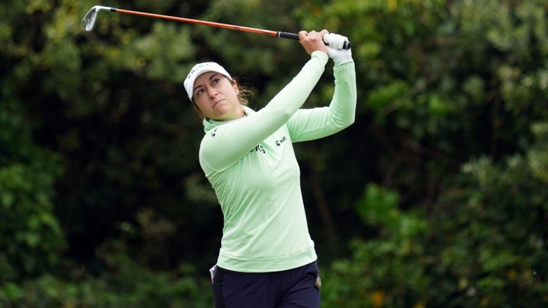 Jun 4, 2021; San Francisco, California, USA; Marina Alex plays her shot from the 15th tee during the second round of the U.S. Women's Open golf tournament at The Olympic Club. Mandatory Credit: Kyle Terada-USA TODAY Sports