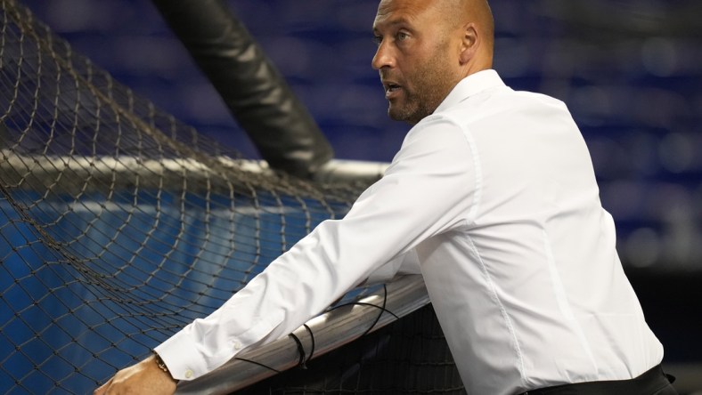 Jul 6, 2021; Miami, Florida, USA; Miami Marlins chief executive officer Derek Jeter watches batting practice prior to the game against the Los Angeles Dodgers at loanDepot park. Mandatory Credit: Jasen Vinlove-USA TODAY Sports