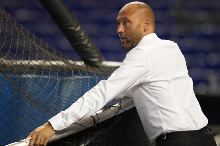 Jul 6, 2021; Miami, Florida, USA; Miami Marlins chief executive officer Derek Jeter watches batting practice prior to the game against the Los Angeles Dodgers at loanDepot park. Mandatory Credit: Jasen Vinlove-USA TODAY Sports