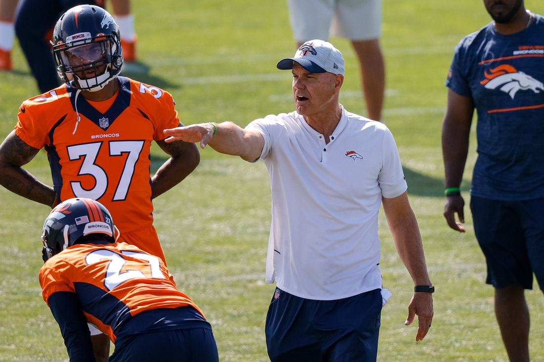 Jul 29, 2021; Englewood, CO, United States; Denver Broncos defensive coordinator Ed Donatell during training camp at UCHealth Training Center. Mandatory Credit: Isaiah J. Downing-USA TODAY Sports