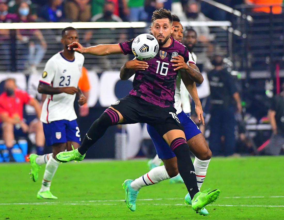 Aug 1, 2021; Las Vegas, Nevada, USA; Mexico midfielder Hector Herrera (16) looks to control a ball as USA midfielder Ginaluca Busio (6) defends on the play during the CONCACAF Gold Cup final soccer match at Allegiant Stadium. Mandatory Credit: Stephen R. Sylvanie-USA TODAY Sports